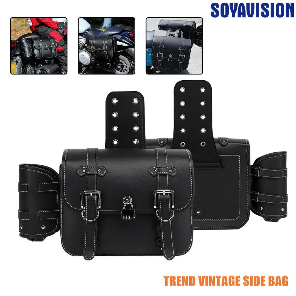 Universal Motorcycle Saddlebags Throw over Saddle Bags PU Leather Side Luggage Bags with Cup Holder for Sportster Softail Dyna