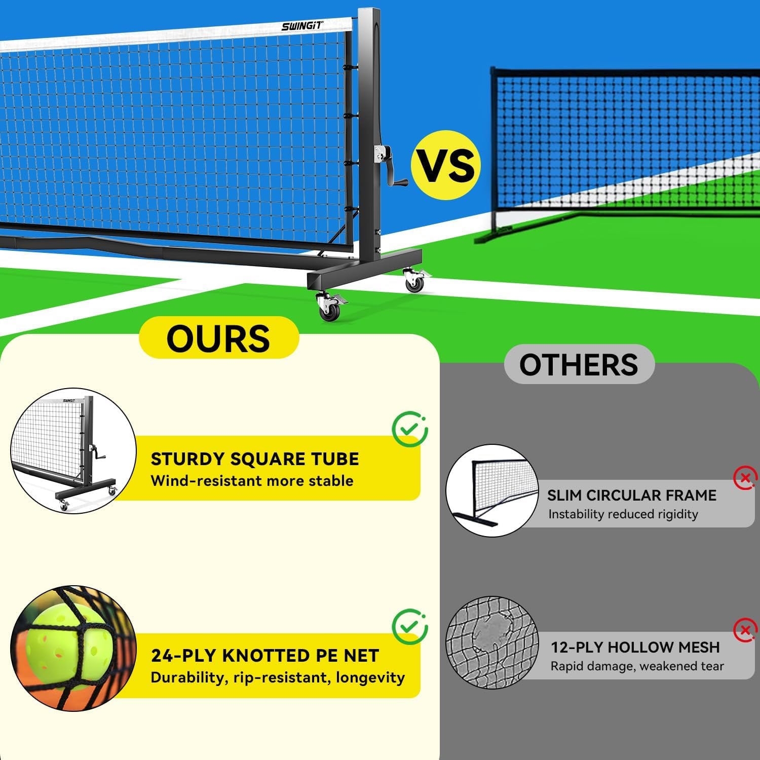 Pro Pickleball Net with Wheels, Hand Crank Tension System, 22Ft Tournament IFP Regulation Size, Heavy Duty Frame, Anti-Sag, Locking Wheels, Perfect for Outdoor Court & Indoor Gym
