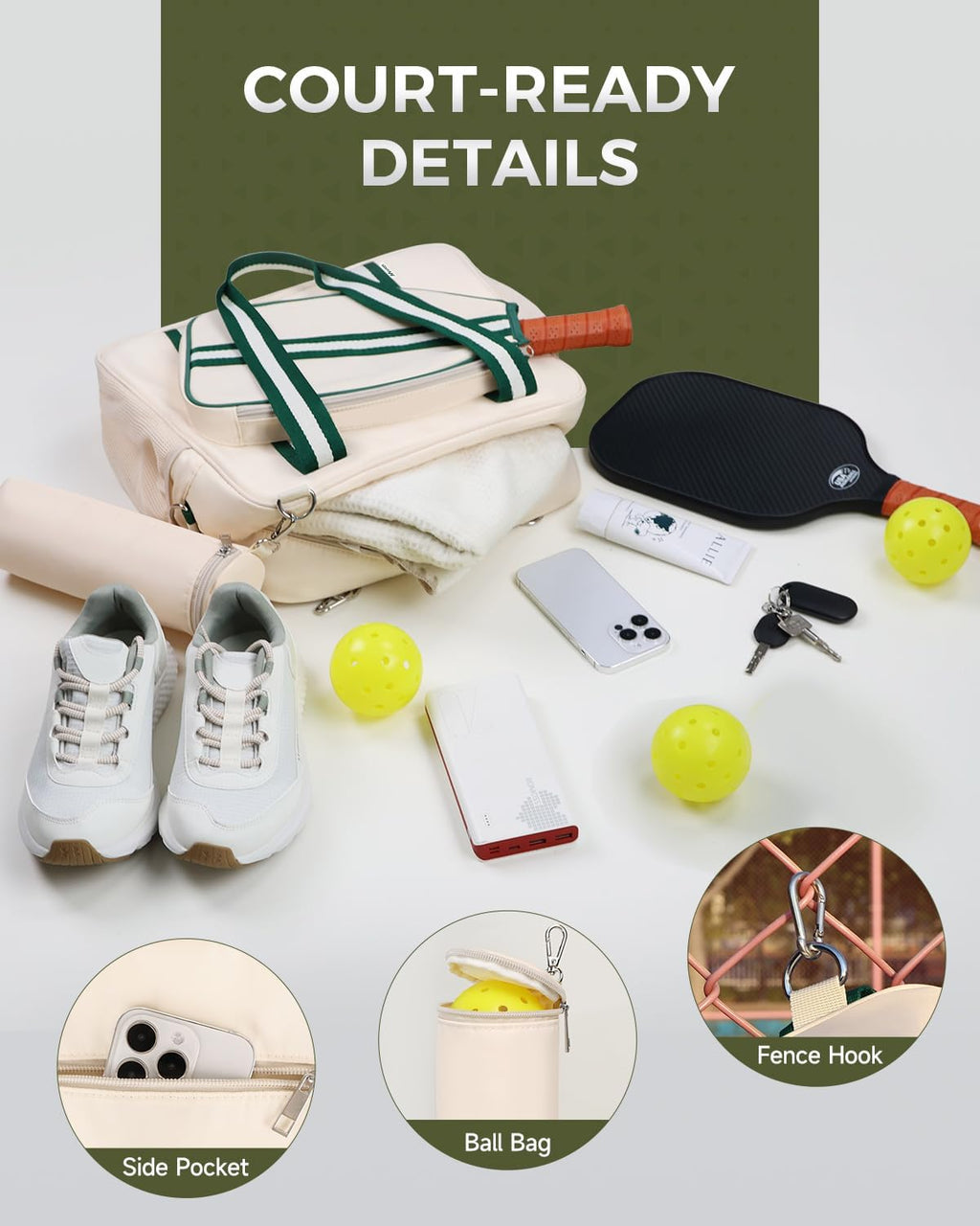 Pickleball Tote Bag for Women Men with Paddle Cover Pocket External Ball Bag and Adjustable Shoulder Strap Fence Hook