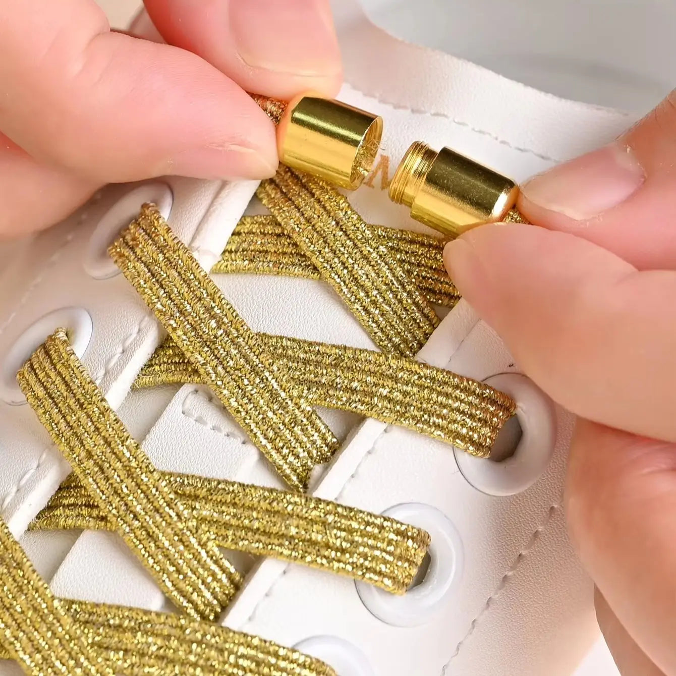 1 Pair of No-Tie Shoelaces with Colorful Buckles | Gold &amp; Pearl Luster Elastic Fashionable Shoelaces, Easy Slip-On Design