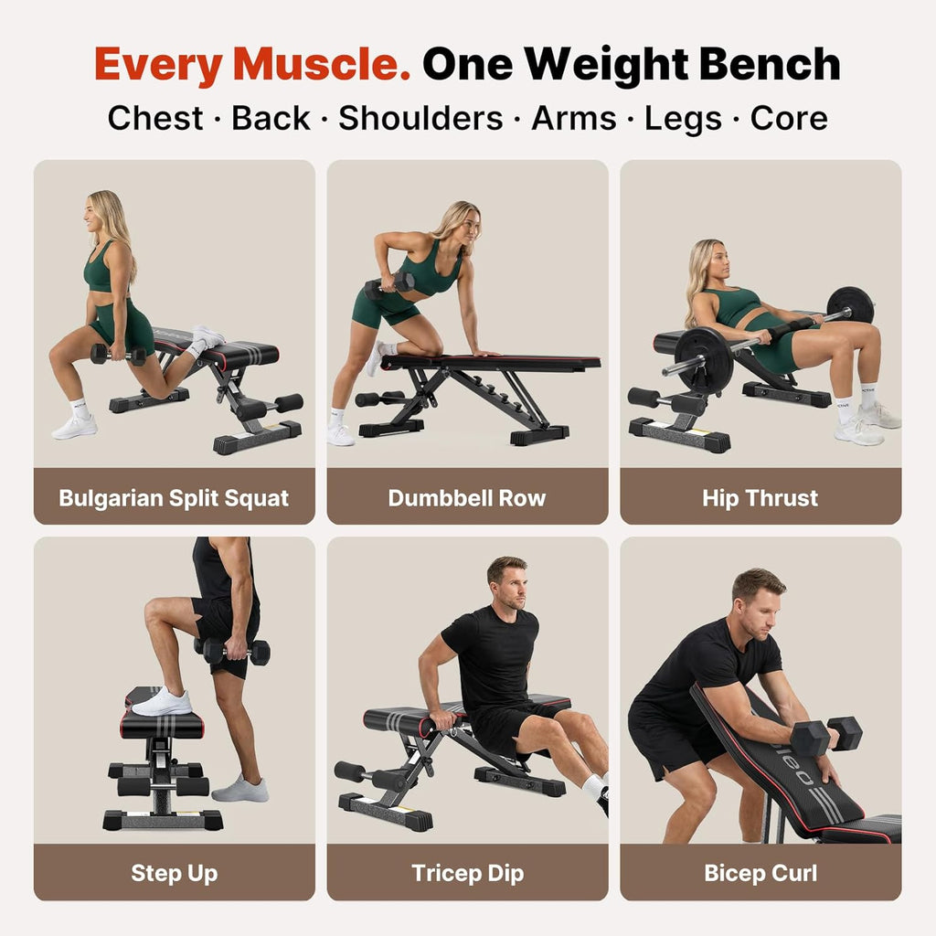 Adjustable Weight Bench for Home Gym, Astm-Certified 827LBS, 98% Pre-Assembled, Foldable Gym Bench with 84 Positions Incline Decline Flat, Wider Seat