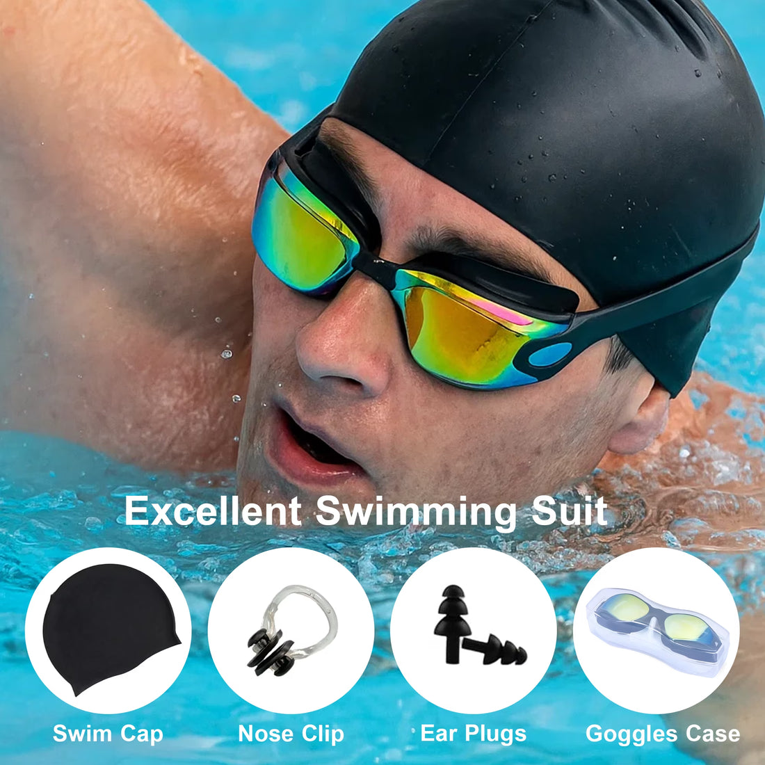 Swim Goggles and Swim Cap, anti Fog UV Protection Swimming Goggle No Leaking, with Nose Clip, Ear Plugs, Goggles Case, Suitable for Men, Women