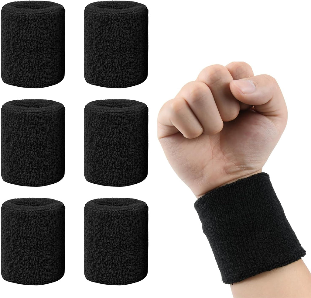 6 Pack Sweatbands Sports Wristband, Men & Women Wristbands, Breathable Cotton Sweatbands for Working Out, Running Athletic Sports, Basketball, Football, Black