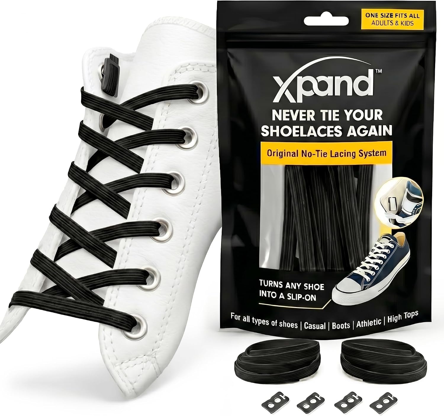 No Tie Elastic Shoe Laces for Sneakers - Shoelaces for Adults & Kids | 1 Size Fits All. Shoe Strings for Athletic & Training Shoes. Patented Lace Anchors Lock in Place. 52-Inch Stretch Laces.