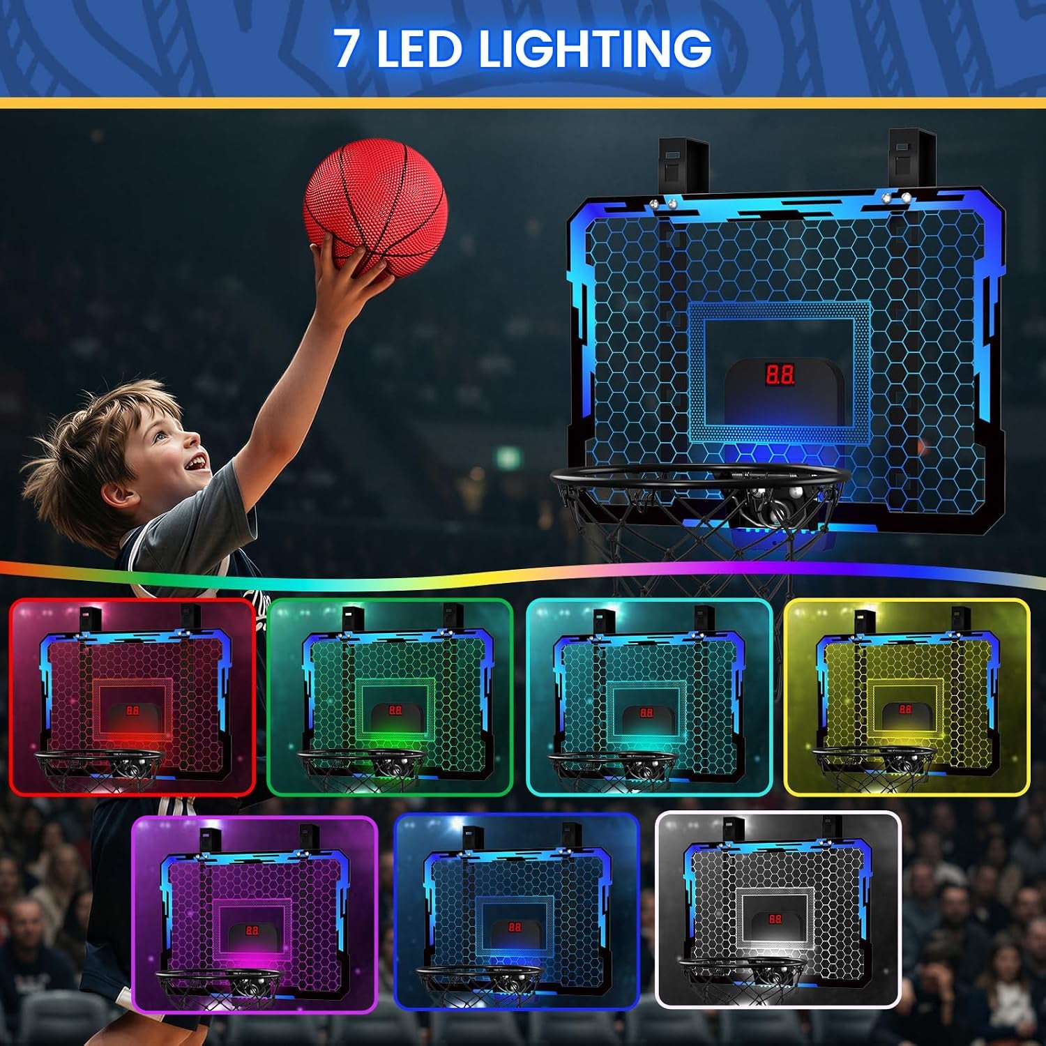 Mini Basketball Hoop with Scoreboard & 7 LED Lighting | over the Door Indoor, with 3 Balls/Inflator/Breakaway Rim, Basketball Toy Gifts for Kids Adults, Suit for Bedroom/Office