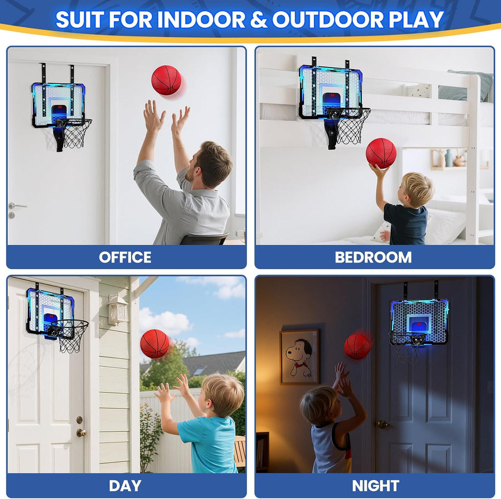 Mini Basketball Hoop with Scoreboard & 7 LED Lighting | over the Door Indoor, with 3 Balls/Inflator/Breakaway Rim, Basketball Toy Gifts for Kids Adults, Suit for Bedroom/Office