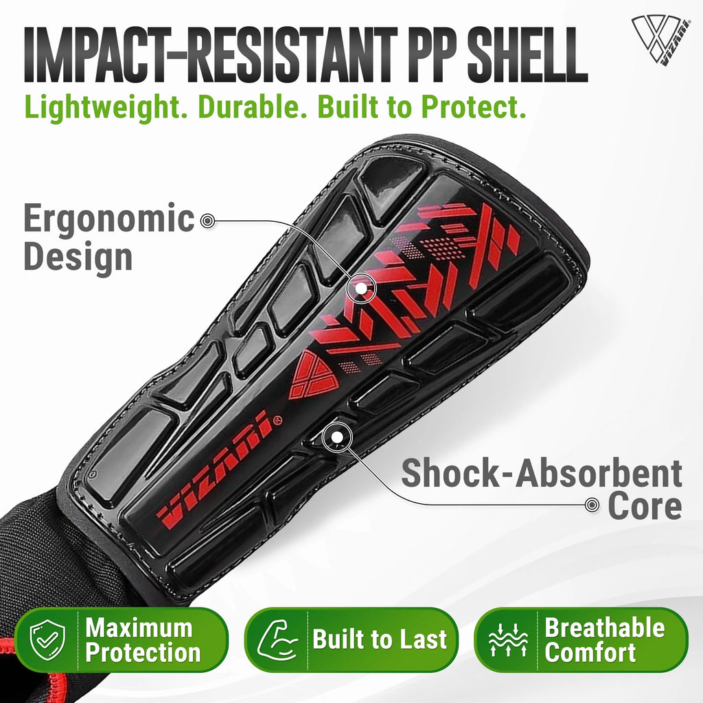 Malaga Shin Guards with Ankle Protection for Kids, Youth, and Adults | Lightweight Soccer Pads for Boys and Girls Ages 3+ - BLACK/RED, M