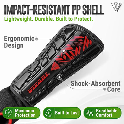 Malaga Shin Guards with Ankle Protection for Kids, Youth, and Adults | Lightweight Soccer Pads for Boys and Girls Ages 3+ - BLACK/RED, M