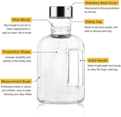 Half Gallon Water Bottle with Handle BPA Free Sports Water Bottles 74Oz Large Plastic Water Jug 2.2L Motivational for Outdoor Hiking Camping Running (Clear)