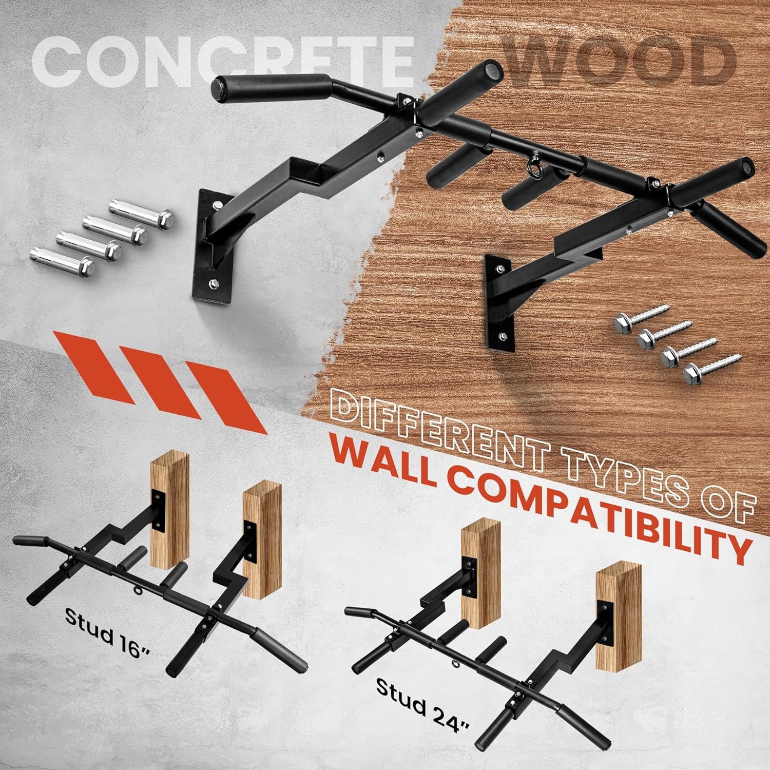 Wall Mounted Pull up Bar, Steel 16 &amp; 24 In
