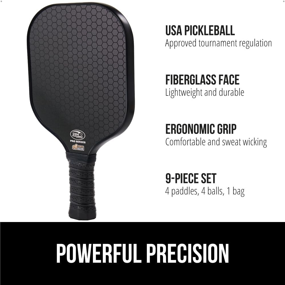 Gorilla Gear USAPA Approved Pickleball Starter Set, Fiberglass Paddles with Bag and Balls, Indoor Outdoor Court Use, Comfortable Racket Grip, Oversized Sweet Spot Pickle Ball Paddle for Men, Women