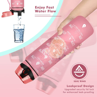 32Oz Motivational Water Bottle with Times to Drink,Time Marker &amp; Removable Strainer,Fast Flow,Leakproof Tritan BPA Free Non-Toxic Water Jug for Fitness,Gym,Sports…