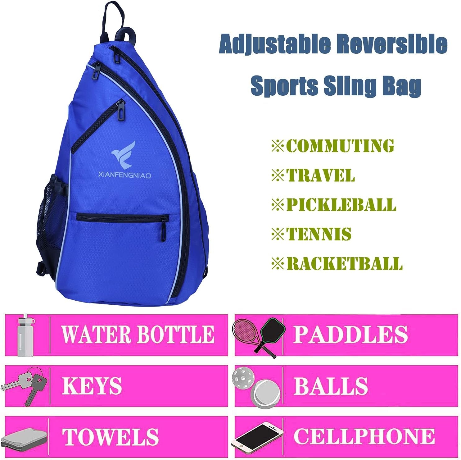 Sling Bag Sports Pickleball Bag Pickleball Backpack for Men Women Adjustable Tennis Bag for Pickleball Paddle with Fence Hook,Water Bottle Holder