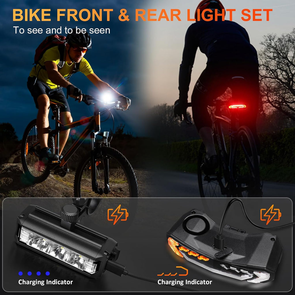 Bike Light Set with Bike Horn Alarm, Remote Control Bike Tail Light with Turn Signals and Brake Light Bike Alarm Horn, Bike Headlight for Night Riding, Rechargeable Rear and Front Bike Light