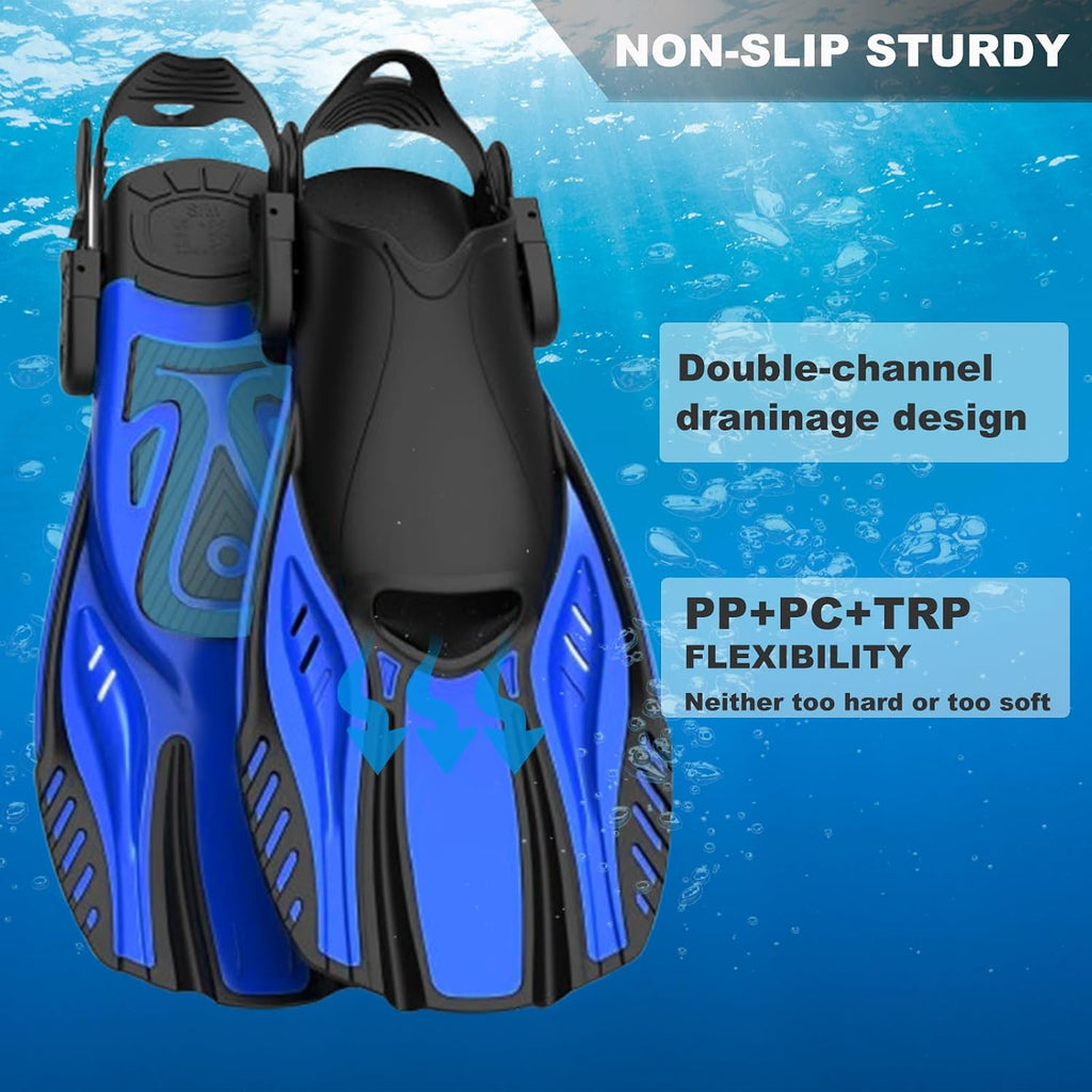 Snorkel Fins Diving Fins Adjustable Buckles Open Heel Swim Flippers Travel Size Short Swim Fins for Snorkeling Diving Swimming Adult Men Womens