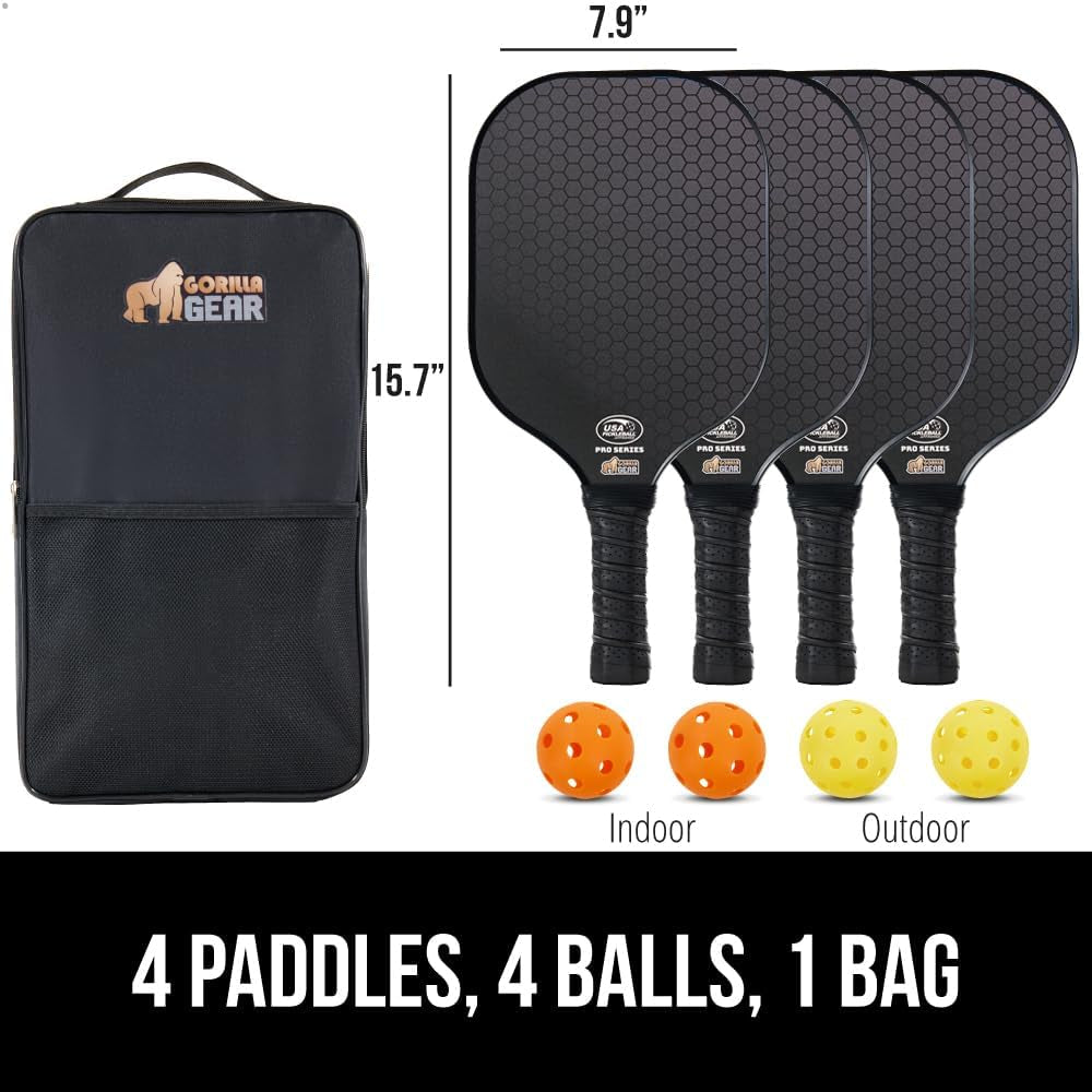 Gorilla Gear USAPA Approved Pickleball Starter Set, Fiberglass Paddles with Bag and Balls, Indoor Outdoor Court Use, Comfortable Racket Grip, Oversized Sweet Spot Pickle Ball Paddle for Men, Women
