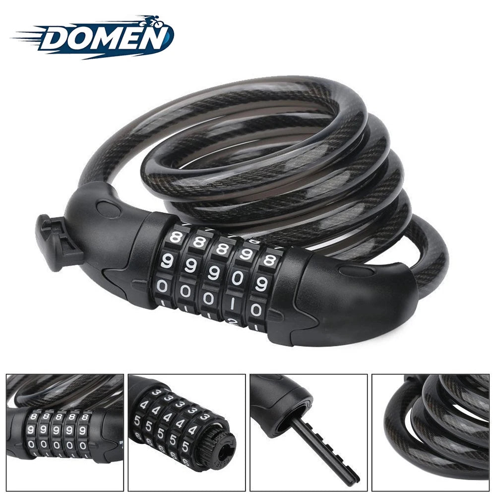 DOMEN Bicycle Heavy Duty Lock Anti-Theft 5 Digit Password Lock Bike Portable Security Steel Chain Lock Motorcycle Ring Lock