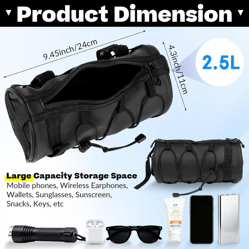 Bike Handlebar Bag, 2.5L Black Waterproof Bicycle Frame Front Bag, Multiple Bike Storage Roll Bag Bicycle Accessories with Shoulder Strap for Mountain Road Bikes