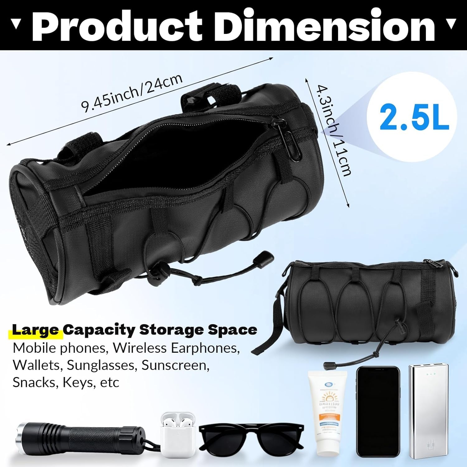 Bike Handlebar Bag, 2.5L Black Waterproof Bicycle Frame Front Bag, Multiple Bike Storage Roll Bag Bicycle Accessories with Shoulder Strap for Mountain Road Bikes