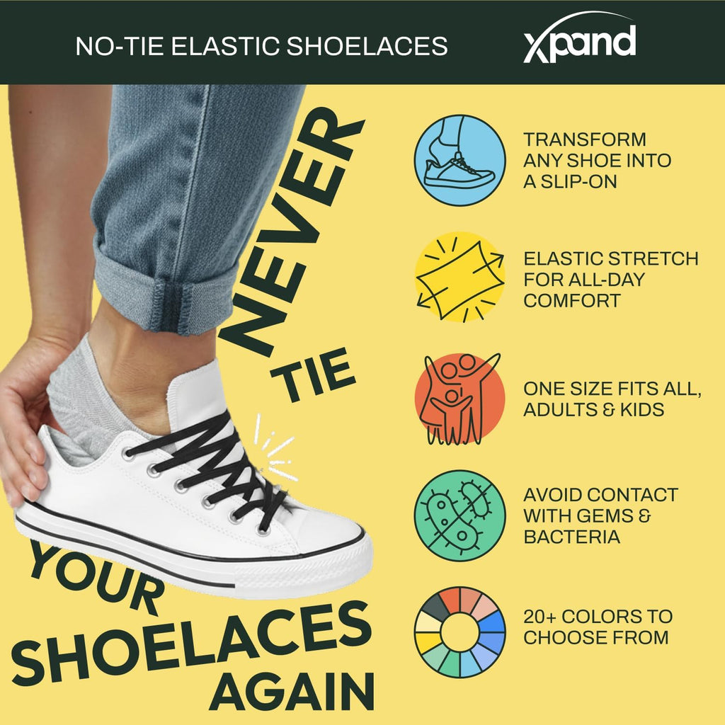 No Tie Elastic Shoe Laces for Sneakers - Shoelaces for Adults & Kids | 1 Size Fits All. Shoe Strings for Athletic & Training Shoes. Patented Lace Anchors Lock in Place. 52-Inch Stretch Laces.