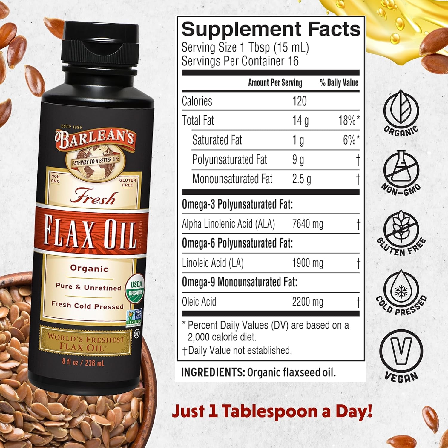 Organic Flaxseed Oil Liquid from Fresh Cold Pressed Flax Seeds, 7,640Mg ALA Omega 3 Fatty Acid Supplement for Skin and Hair Care, Vegan & Gluten Free, 8 Oz | Fresh Cold-Pressed Flax Seeds, ALA Omega 3-6-9, Vegan, Non-Gmo, Gluten-Free, Unrefined, Supports Heart, Skin & Hair