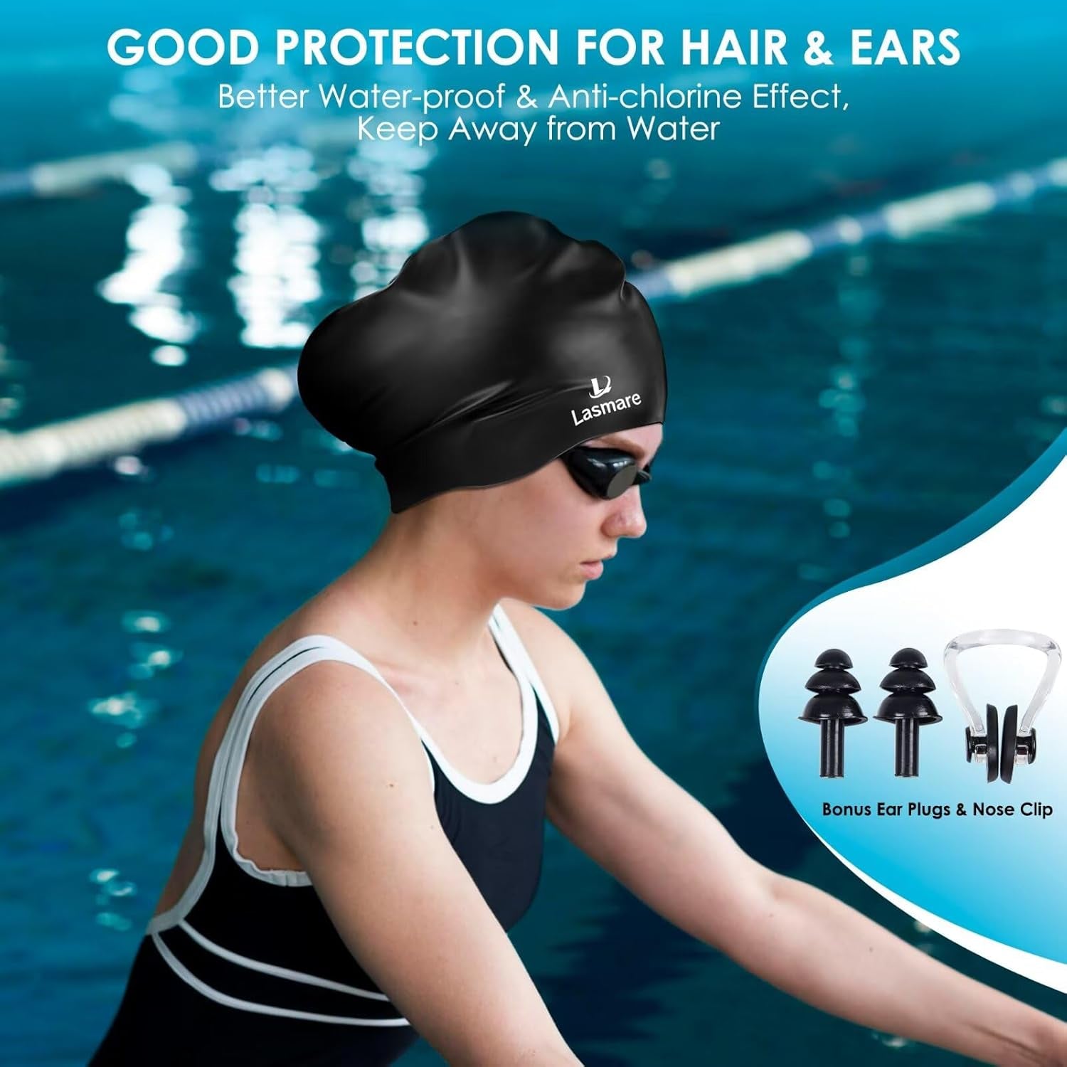 Large Long Hair Swim Cap with Extra Room for Women Men, Silicone Swimming Cap Fo