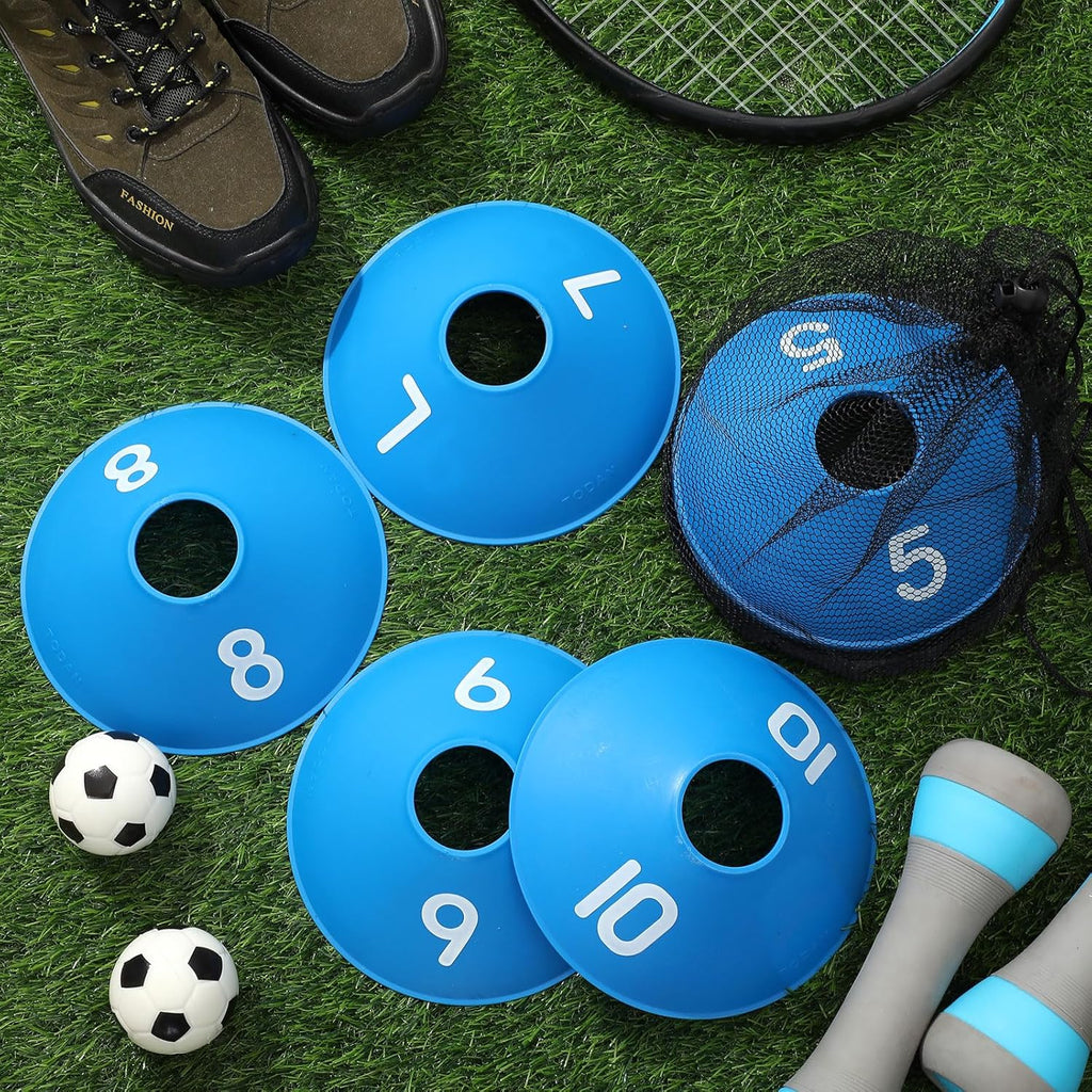 10 Pcs Numbered Sports Disc Cones 1-10 Soccer Cones with Mesh Carry Bag Flexible Agility Cones Soft Field Cones for Gym PE Classes School Activities Games, Sports Training Equipment