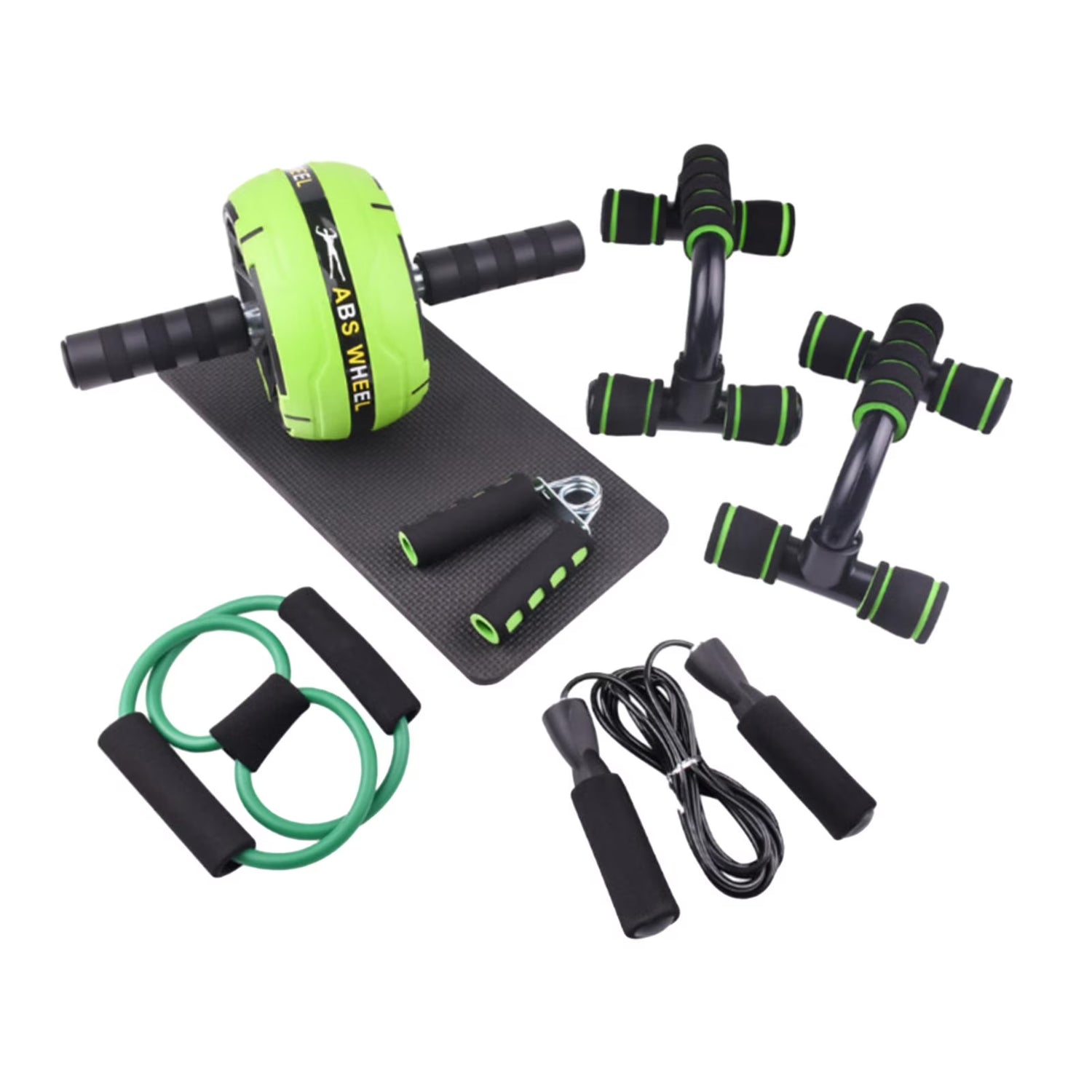 Abs Roller Wheel Indoor Fitness Equipment Set Home Gym Workout Chest Expander Green