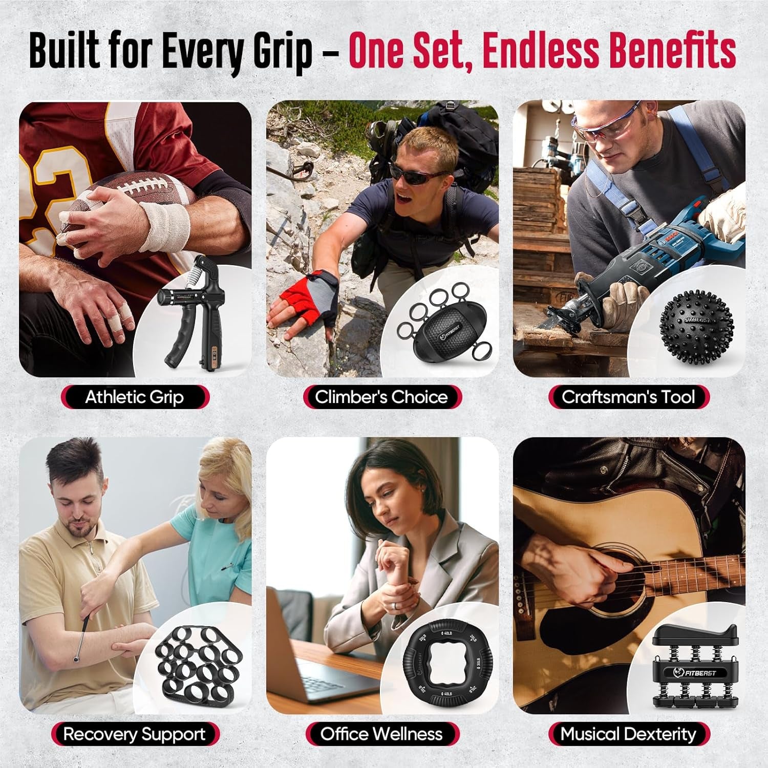 Grip Strength Trainer, Hand Gripper Strengthener Kit - 6 Pack with Adjustable Resistance Forearm Strengthener, Forearm Exerciser and Massage Balls for Hand Therapy, Grip Training