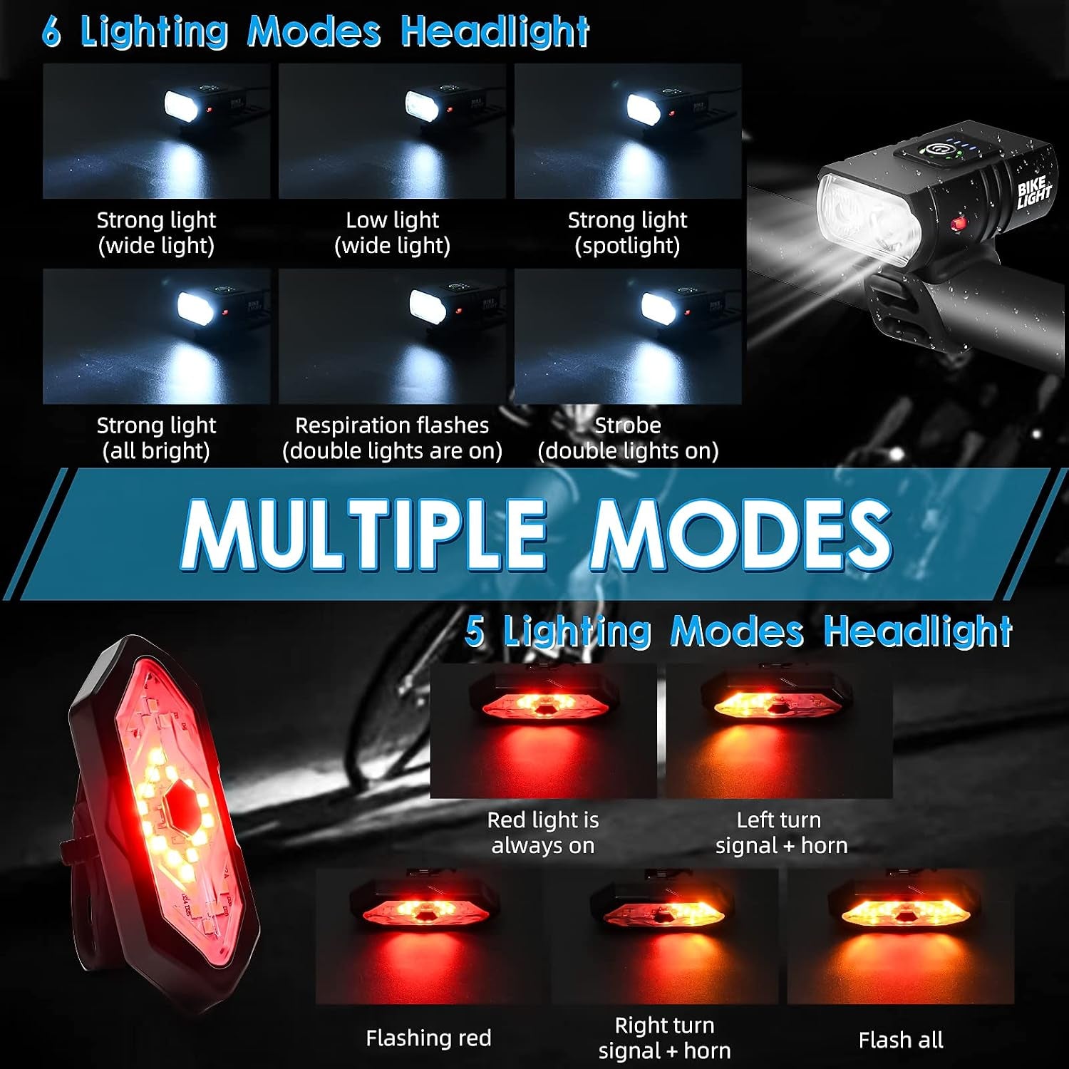 Bike Lights Set, USB Rechargeable Bicycle Light Front & Back, 1000 Lumen Bicycle Headlight and Rear Taillight with Turn Signal & Horn, Waterproof and 5+6 Lighting Modes for Night Cycling Road Mountain