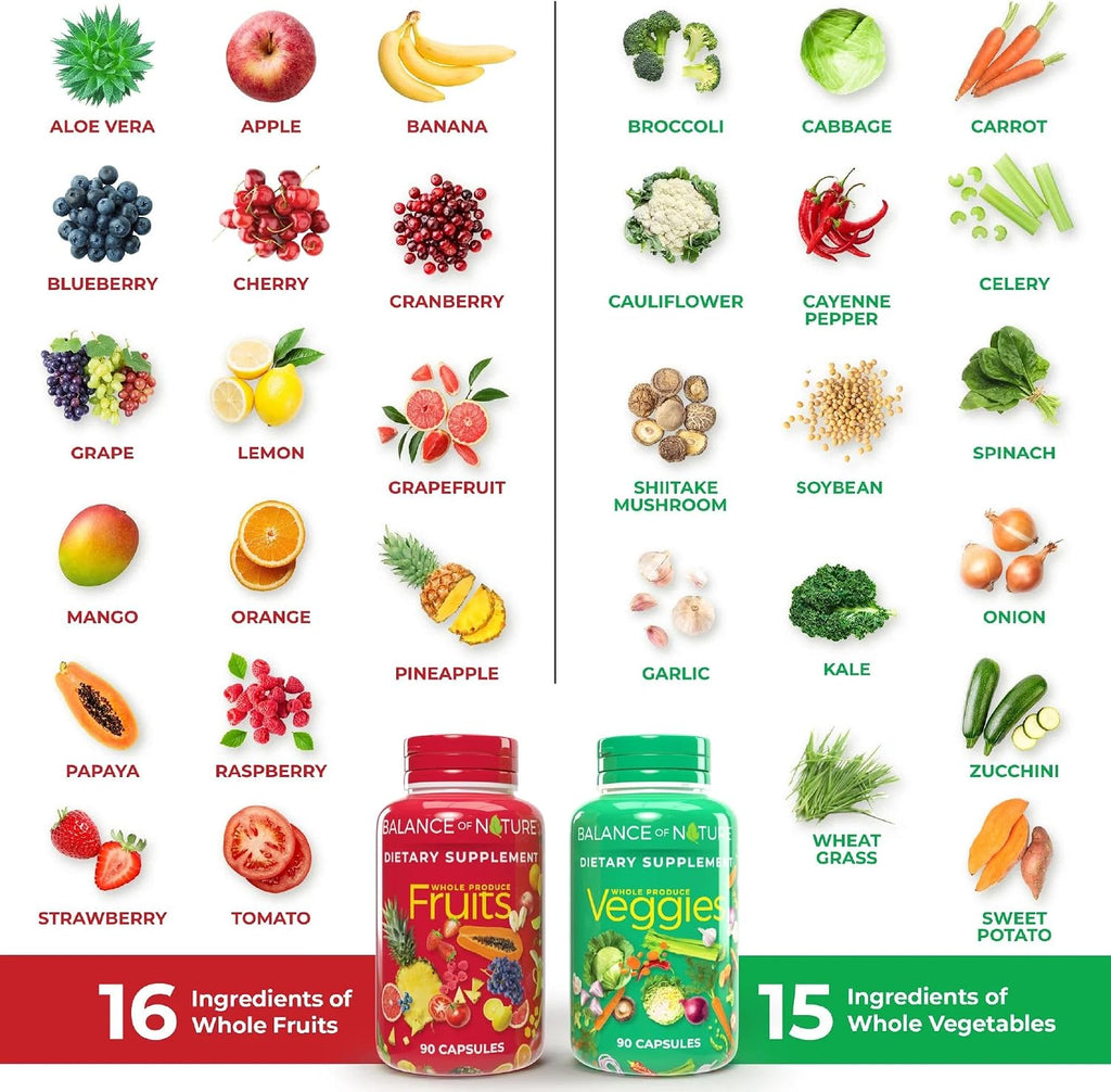 Fruits & Veggies Supplements - Whole Fruit and Vegetable Ingredients for Women, Men, and Kids - 90 Fruits Capsules, 90 Veggies Capsules - 1 Set