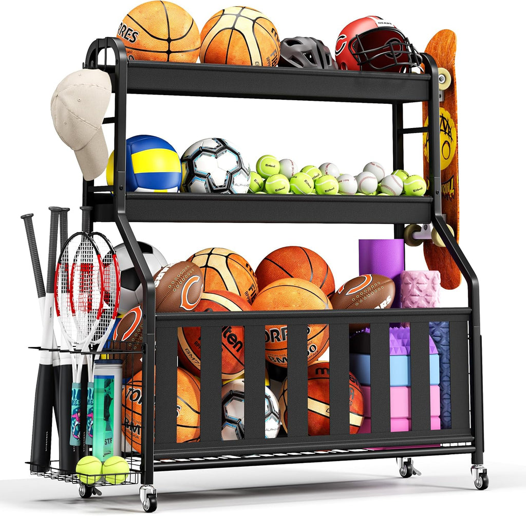 Sports Equipment Organizer, Large Capacity Garage Ball Storage Rack | Heavy-Duty Rolling Ball Cart with Locking Wheels for Basketball, Soccer & Sports Gear