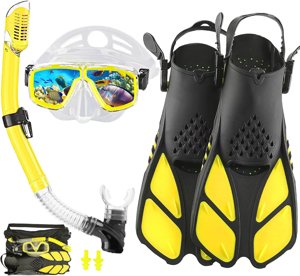 Snorkeling Gear for Adults with Bag Anti-Fog Snorkel Sets for Travel | Anti-Leak Diving Mask with Flippers,Professional Scuba Diving Gear with Earplugs