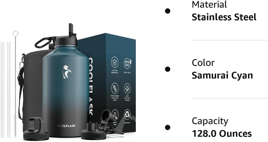 128 Oz Gallon Water Bottle Insulated with Straw & 3 Leakproof Lid | Large Water Jug Stainless Steel Triple-Wall, Cold 48+H/Hot 24+H, Dishwasher Safe, Bpa-Free, for Outdoor Gym & Hiking
