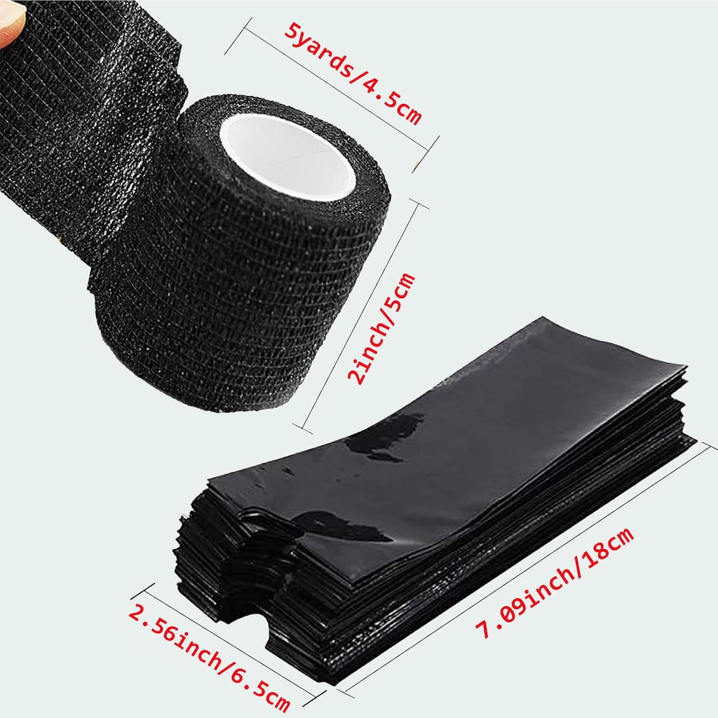 200PCS Pen Covers with 6PCS Grip Tape Tattoo Machien Covers Kit | Machine Wrap Cover Black Pen Bags Sleeves with Black Grip Wrap Self-Adherent Tape Plastic Cover Tattoo Supplies
