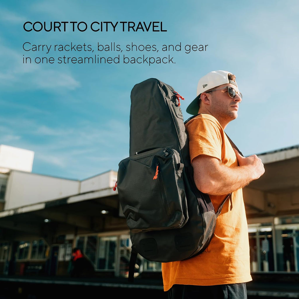 Racquet Bag Voyager, Slim Weatherproof Tennis Backpack for 1-3 Racquets | Fits Overhead Bins, Padded Racquet Divider, Water Bottle Holder, Removable Strap, Modular Clip-On System