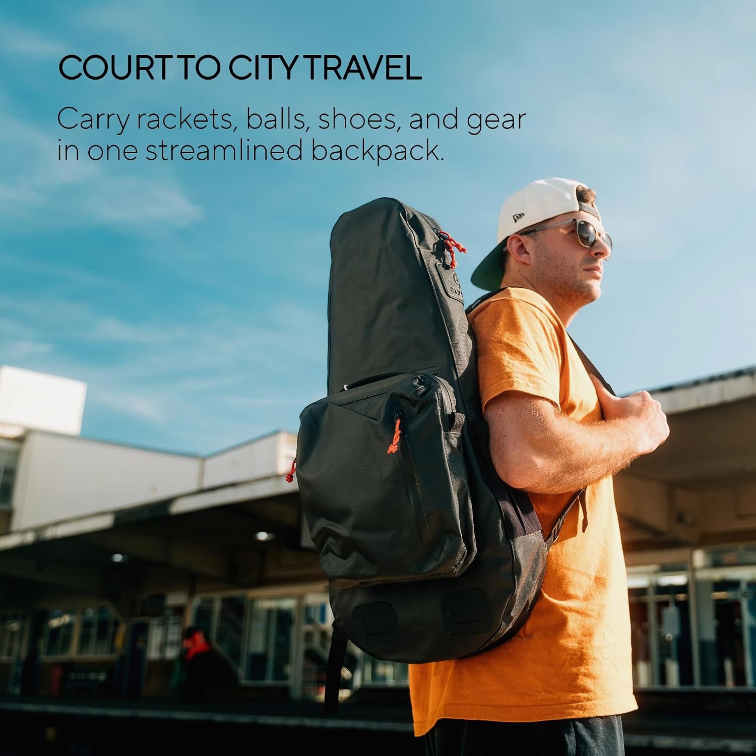 Racquet Bag Voyager, Slim Weatherproof Tennis Backpack for 1-3 Racquets | Fits Overhead Bins, Padded Racquet Divider, Water Bottle Holder, Removable Strap, Modular Clip-On System
