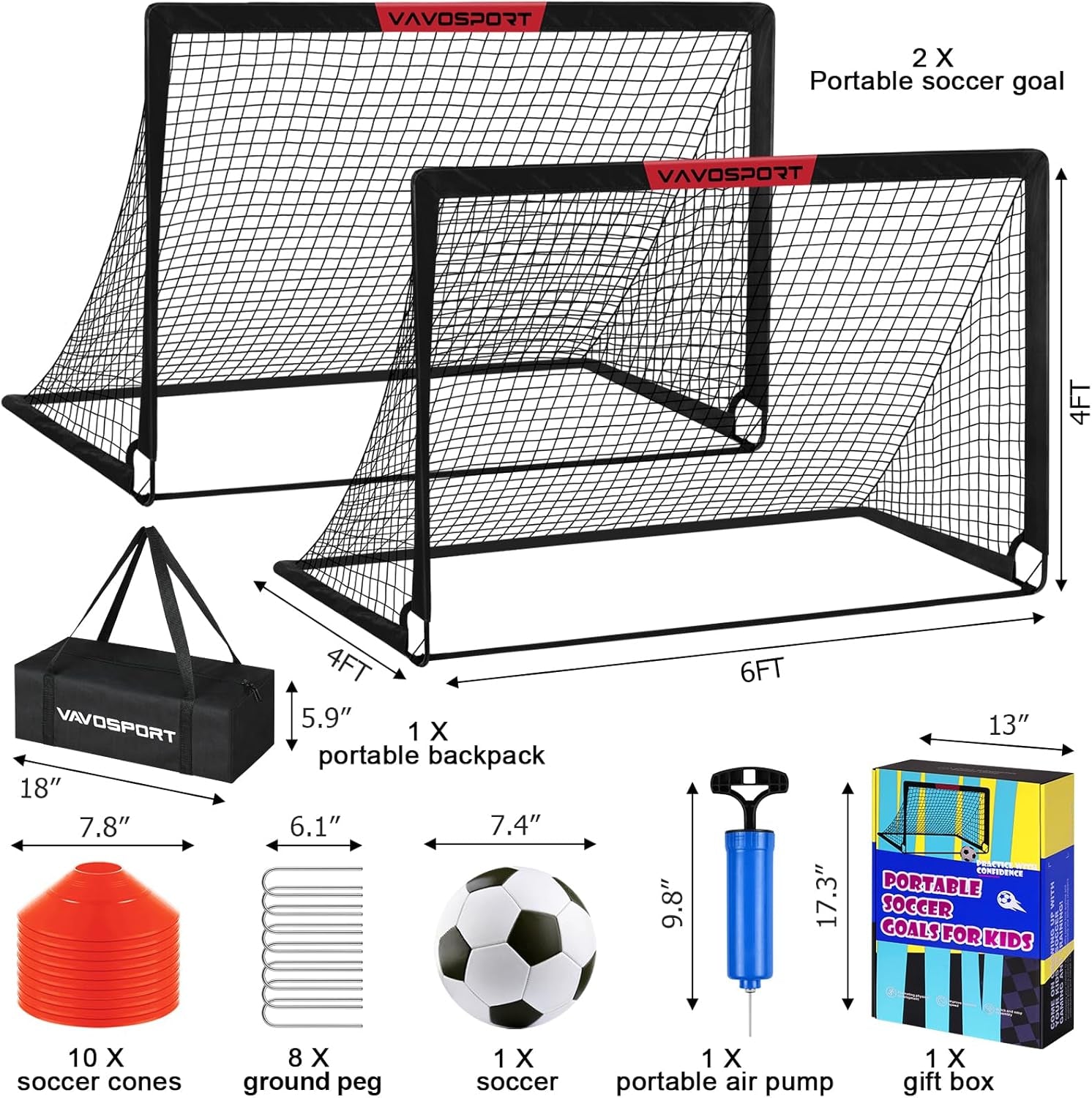 Soccer Goal, 2 of 6'X4' Kids Soccer Goals for Backyard Set, Portable Pop up Soccer Net, Practice Soccer Training Equipment with Ball, Cones for Toddler,Youth Sports Outdoor Games Yard Play