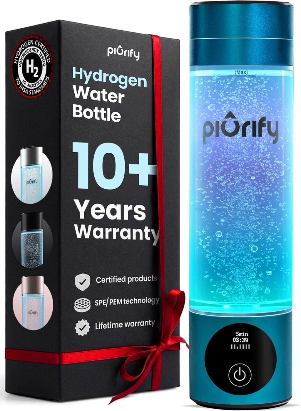 Hydrogen Water Bottle Generator | 6300+ PPB in 3 Cycles | 10 Oz | Extended Warranty | USA Certified | SPE/PEM Tech | Portable | Turquoise