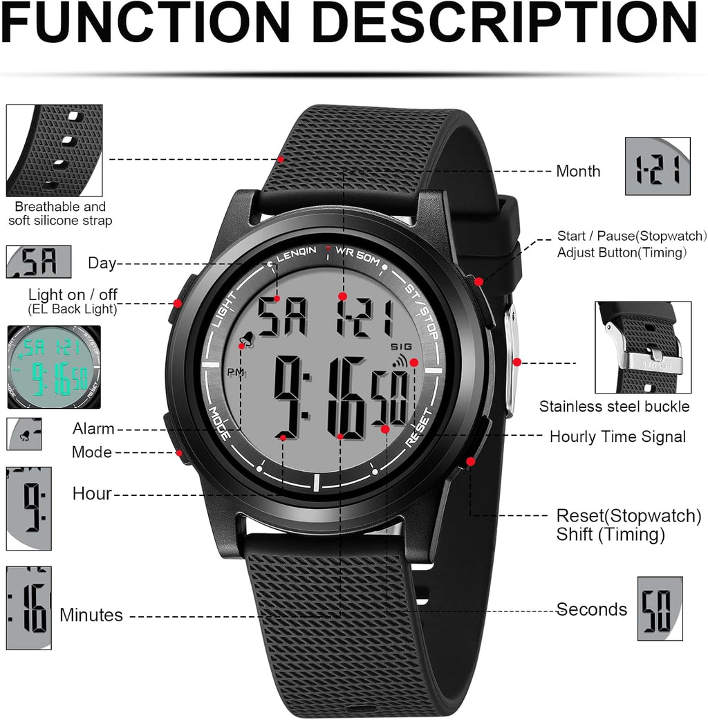 Mens Digital Watch Ultra Thin Sports Waterproof Watches for Men | Minimalist Outdoor LED Screen Large Face Wrist Watches for Men with Back Light Alarm Date Stopwatch Soft Silicone Band