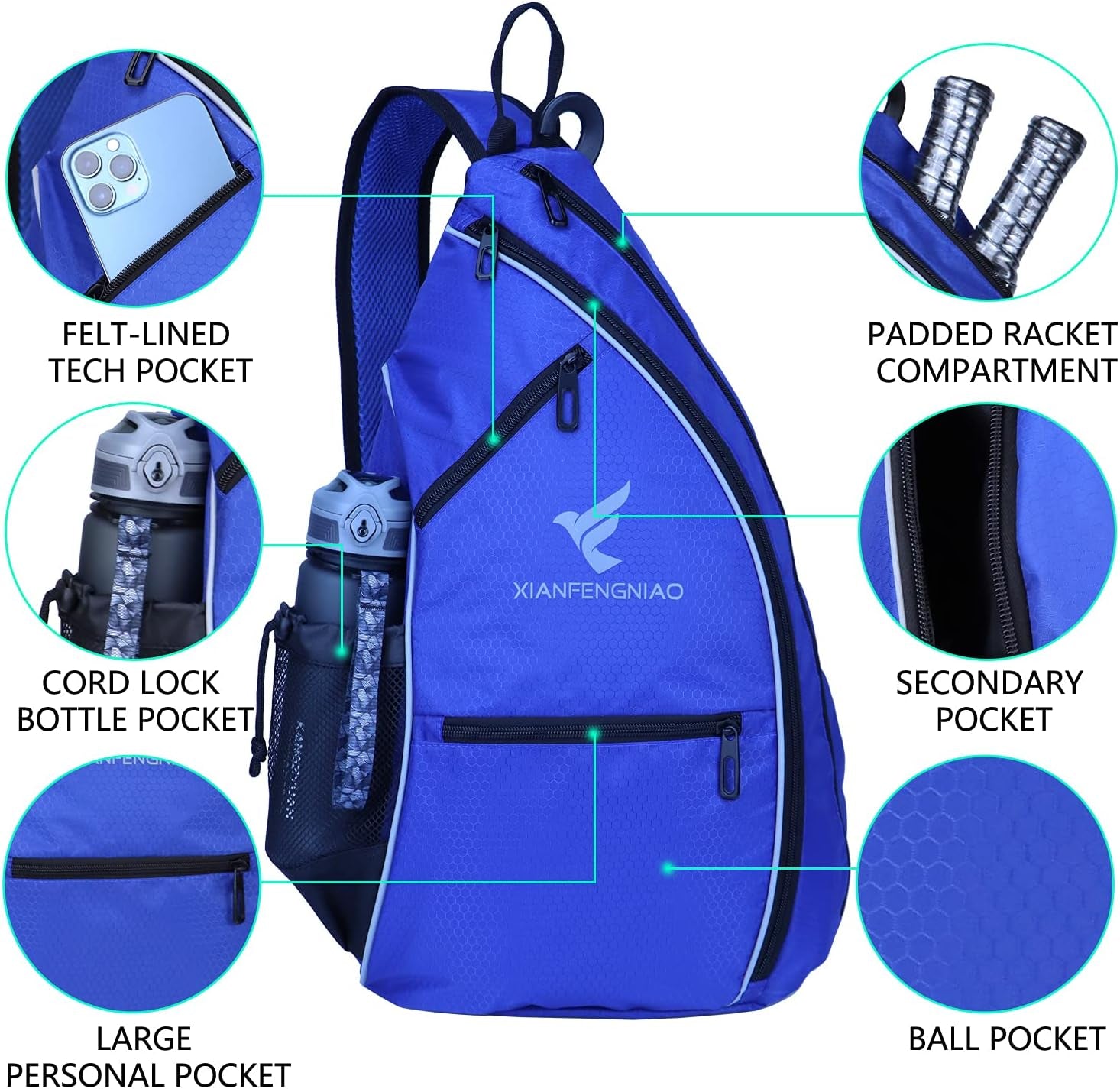 Sling Bag Sports Pickleball Bag Pickleball Backpack for Men Women Adjustable Tennis Bag for Pickleball Paddle with Fence Hook,Water Bottle Holder