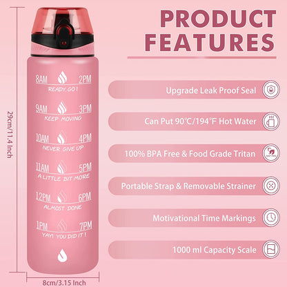 32Oz Motivational Water Bottle with Times to Drink,Time Marker &amp; Removable Strainer,Fast Flow,Leakproof Tritan BPA Free Non-Toxic Water Jug for Fitness,Gym,Sports…