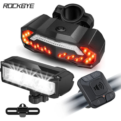 Rockbye Bike Front Light with Horn Alarm Remote Control IPX5 Bicycle Tail Headlight with Turn Signal Brake Light Rechargeable