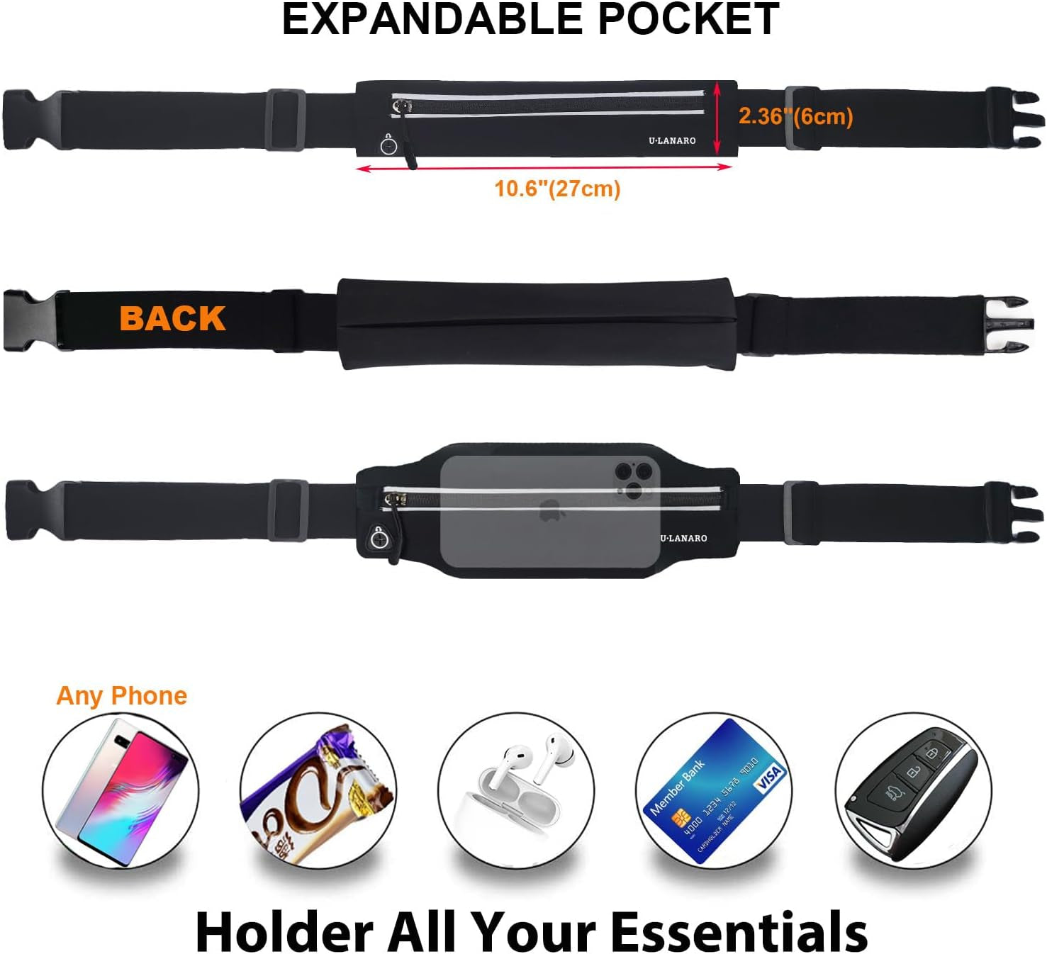 Slim Running Belt Fanny Pack for Men Women, Running Phone Holder Runners Pouch Waist Pack for Workout, Money Belt, Running Gear Accessories [Fits ALL Phones] | Runners Pouch Waist Pack for Workout Sport Exercise Fitness Marathon, Money Belt, Running Gear Accessories, Fits ALL Phones