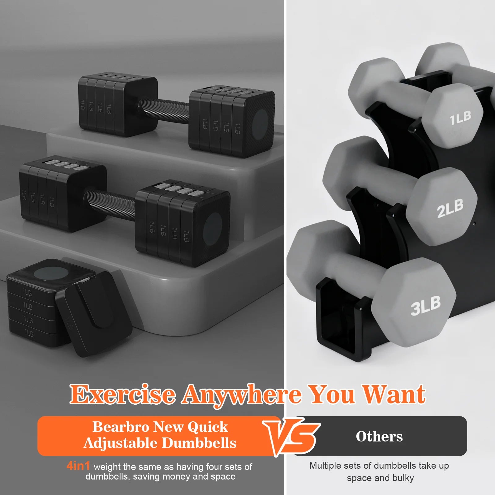 10Lbs*2 Adjustable Dumbbells Set, 4-In-1 Free Weights for Women, Each 3Lb 5Lb 7Lb 9Lb 11Lb Hand Weights for Home Gym, Black