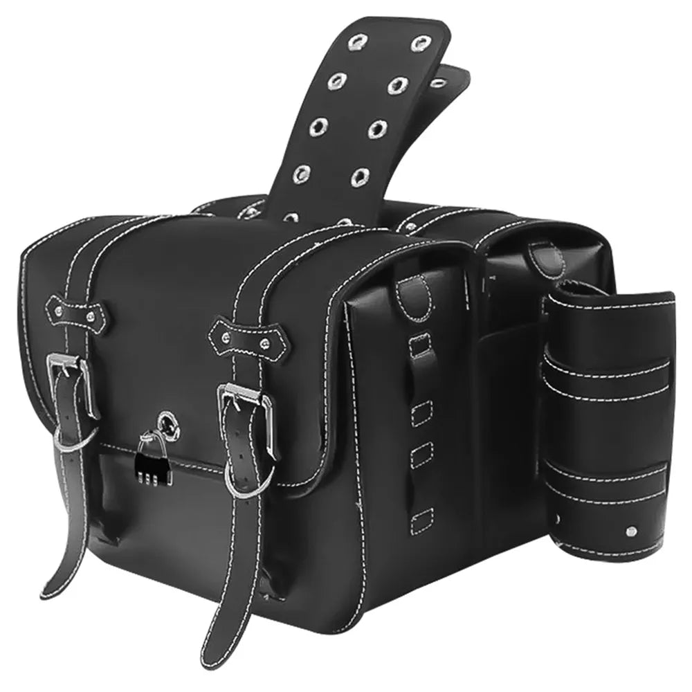 Universal Motorcycle Saddlebags Throw over Saddle Bags PU Leather Side Luggage Bags with Cup Holder for Sportster Softail Dyna