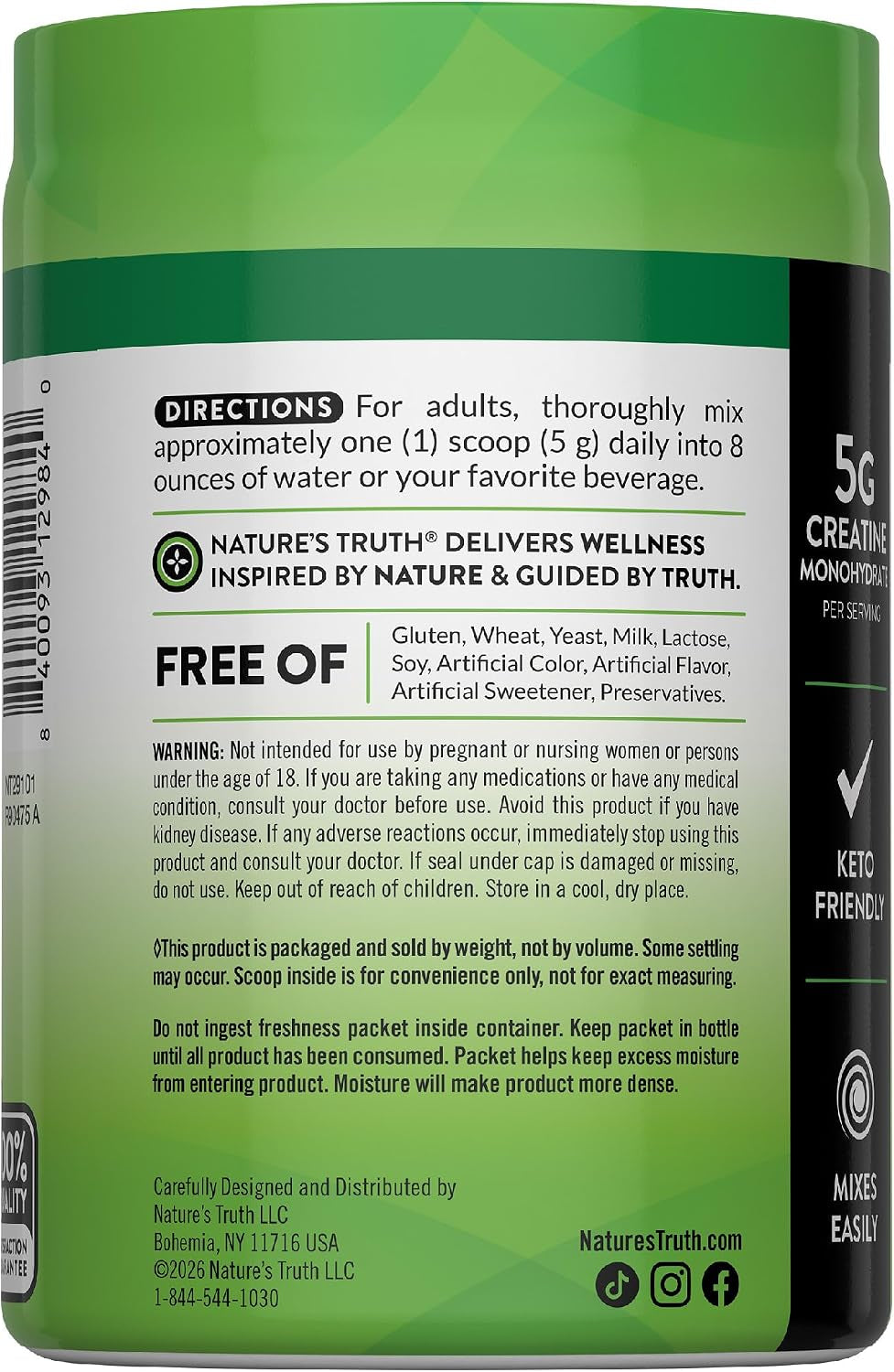 Creatine Powder | Unflavored | 60 Servings | 5 G Micronized Creatine Monohydrate | Keto Friendly, Vegan, Non-Gmo & Gluten Free Supplement