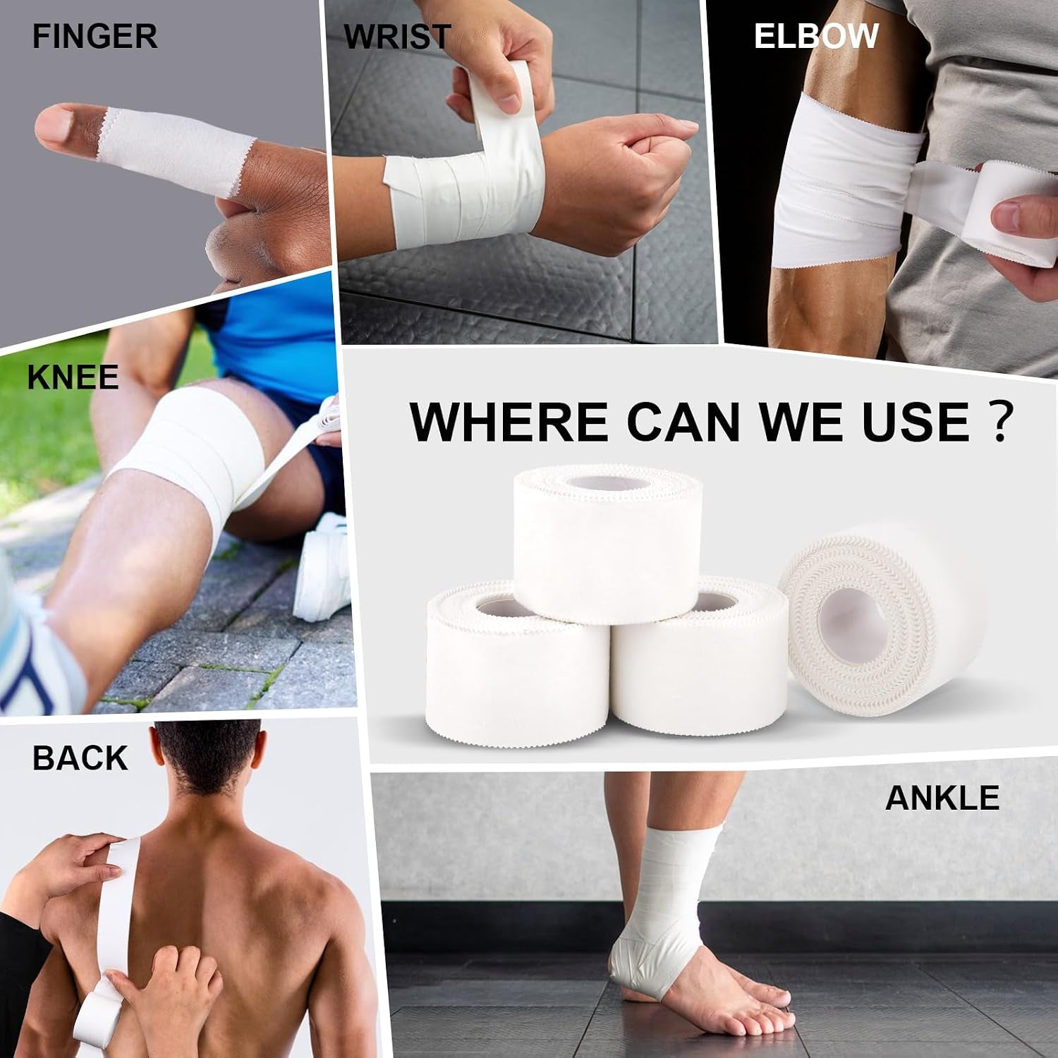 Athletic Tape,White Sports Tape (64 Pack), 640 Yards Rolls Very Strong Easy Tear NO Sticky Residue Best Tape for Gymnastics Climbing Bat Injuries Medical (1.5 Inch X 640 Yards).