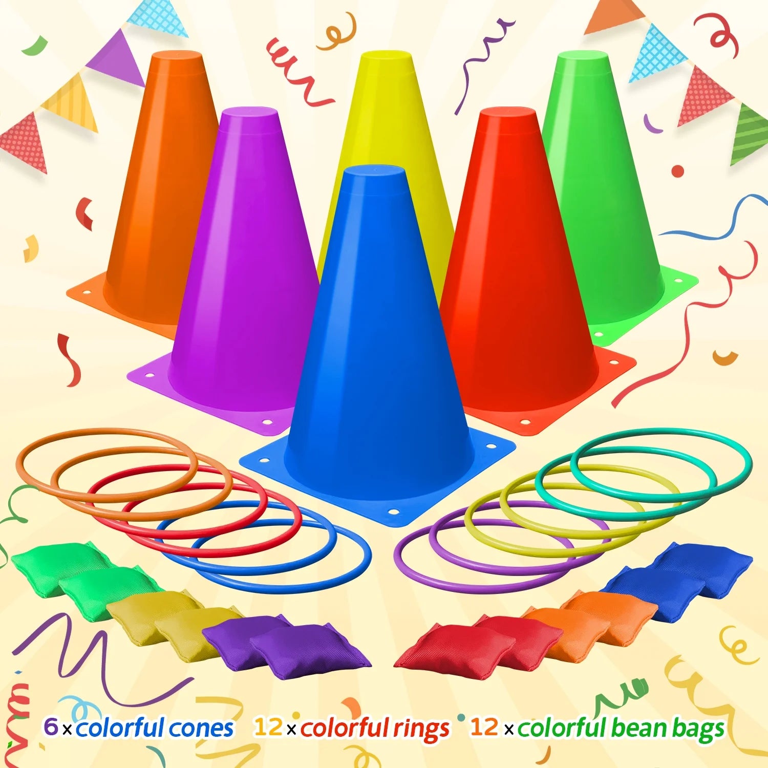 Eocolz 3 in 1 Carnival Games Set, Soft Plastic Cones Bean Bags Ring Toss Games for Kids Birthday Party Outdoor Games Supplies Combo Set 32 PCS