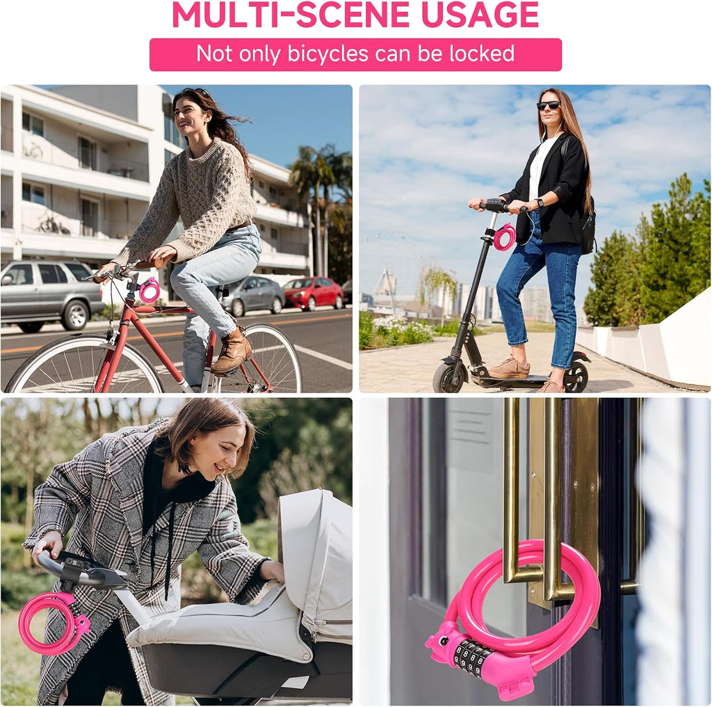 Bike Lock, 3.9 Feet 4-Digit Resettable Combination Password Anti-Theft Cable Lock, Cute Coiled Bike Lock with Mounting Bracket, Suitable for Bicycles, Electric Scooters, Ebikes (Pink-10Mm)